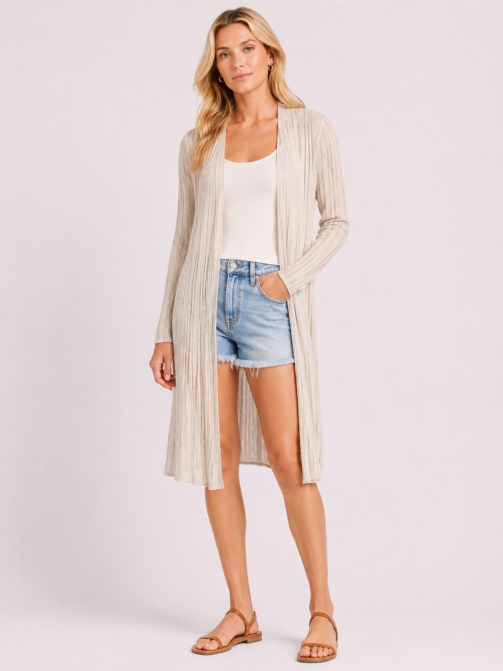 Eileen Fisher Long Open-Front Ribbed Cardigan in Light Beige